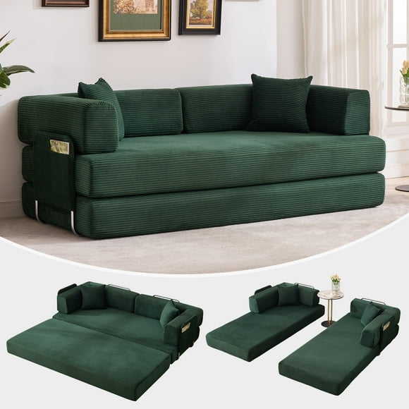 Convertible Oversized Sofa Bed with 2 Pillows and Side Pockets,78.8inch Wide Sleeper Futon Couch with Sturdy Frame, Multi-Functional Corduroy Floor Chaise Lounge for Living Room & Bedroom