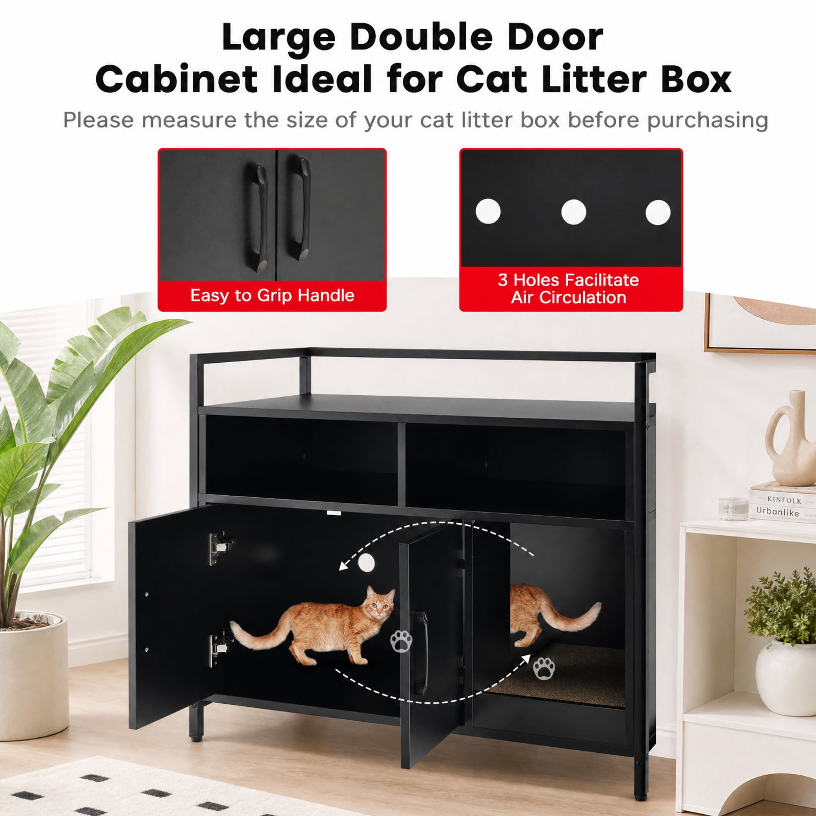 SUGIFT Hidden Cat Litter Box Furniture with Double Doors, Enclosed Cat Washroom Side Table Cabinet with Scratch Cardboard, Black