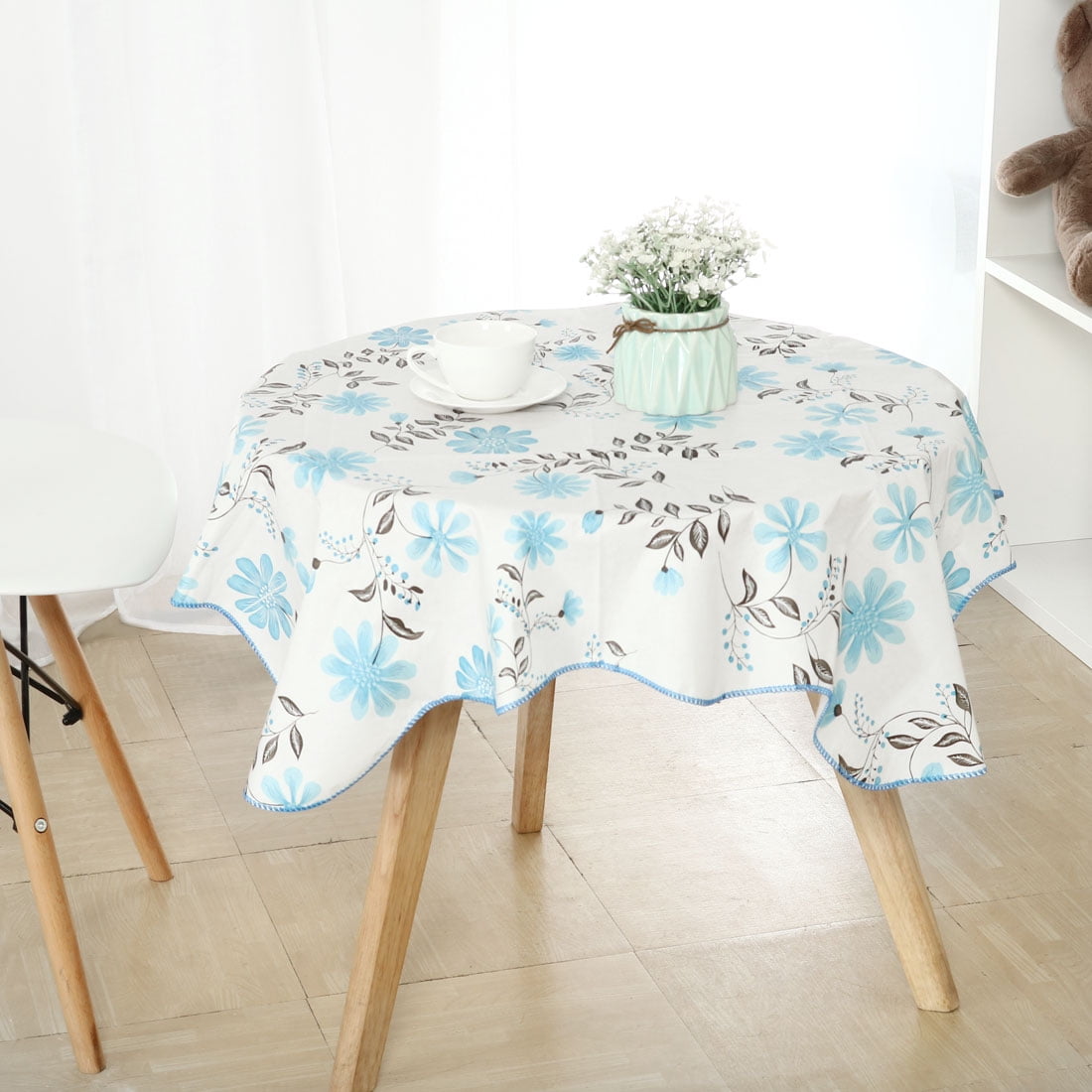 Unique Bargains Vinyl Square Tablecloth Blue Flower Print 35" x 35"
