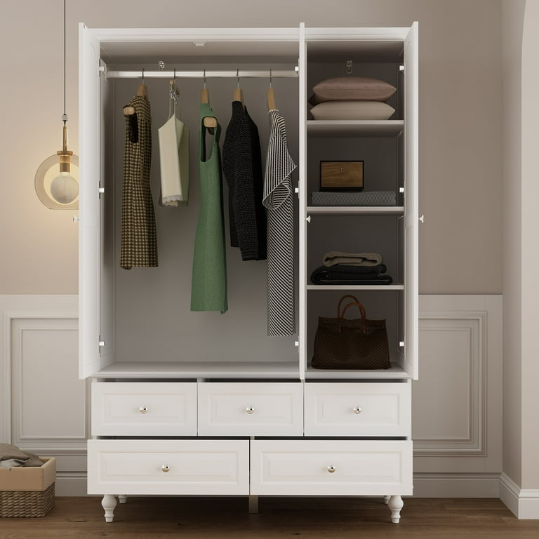 Timechee White Wardrobe with Mirror Modern 3 Door Armoire with Hanging Rod and 5 Drawers for Closet Bedroom