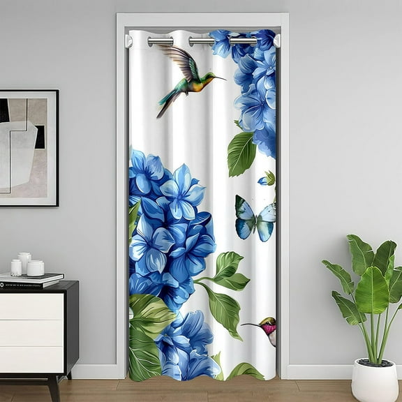 Hydrangea Door Curtain For Doorway Privacy 34"W X 80"L,Blue Floral Blackout Curtain For Adult Teens,Hummingbird Door Drape,Colorful Butterfly Closet Curtain Temporary Door,Darkening