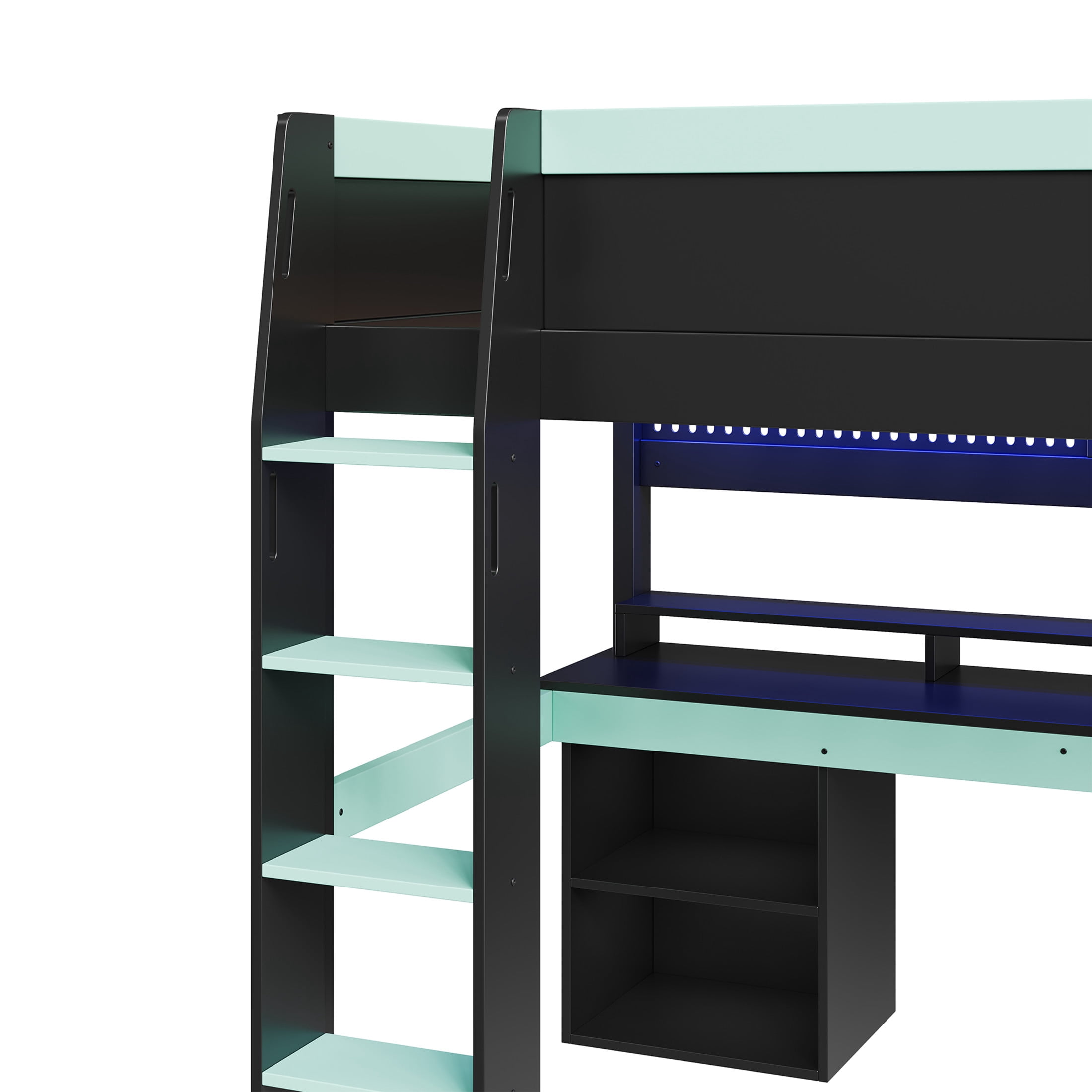 Noble House Dalmor Full Size Loft Bed with Multi-Color LED Lights, Detachable Pegboard & Gaming Desk, Black & Blue