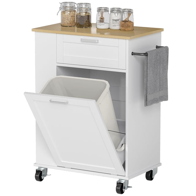 White Rolling Kitchen Island Cart with Trash Storage & Spice Rack - Compact Kitchen Island on Wheels for Living Room, Dining & Prep Areas - 28" x 15.7" x 35.4"