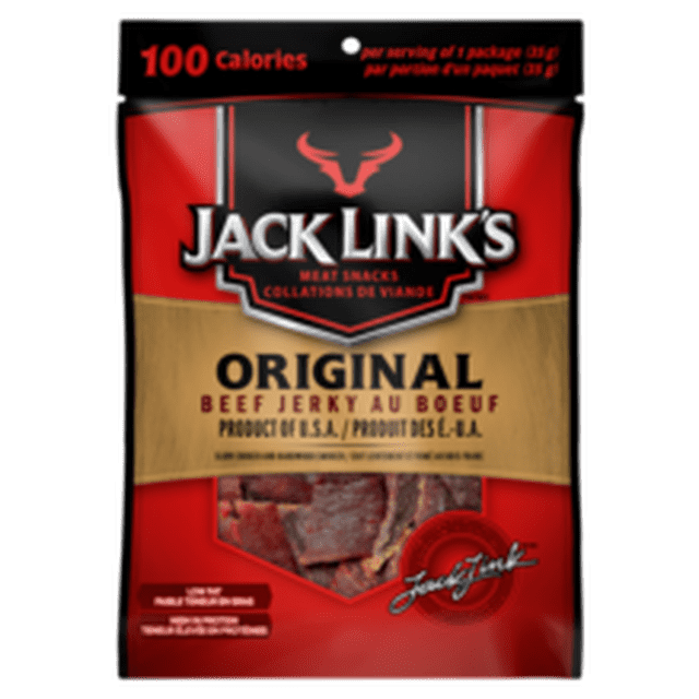 JACK LINK'S ORIGINAL Bœuf JERKY Lot de 35 g avec Emballage Rouge et Beige Mettant en Vedette le logo JACK LINK'S et une Fenêtre Transparente Montrant des Morceaux de Bœuf JERKY Brun Foncé, une Collation Riche en Protéines avec 15 g de Protéines et 100 calories par Portion, Idéale pour une Énergie Rapide, des Boîtes à Lunch Ou des Collations de Travail.