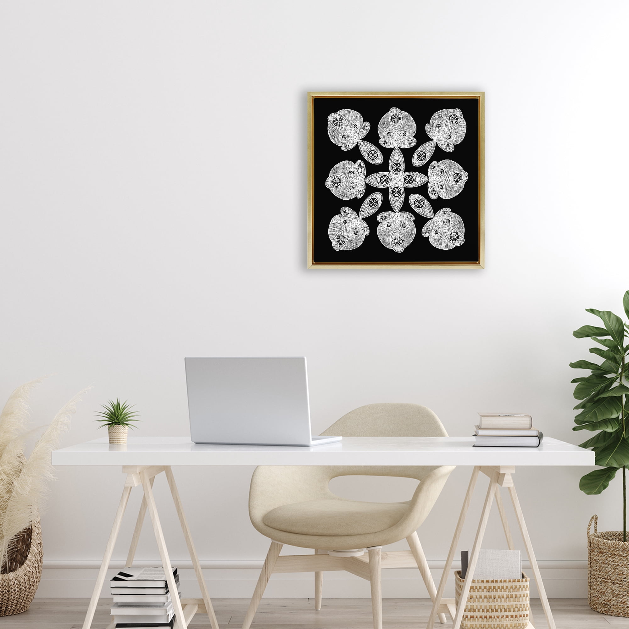 Stupell Industries Fractal Symmetry in Monochrome Gold Framed Floater Canvas Wall Art, design by El Perkin