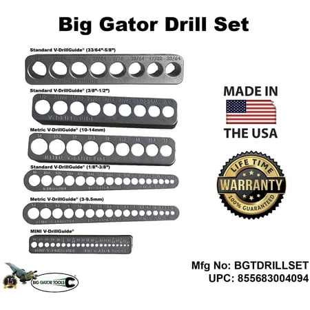 UPC: 0855683004094 | Big Gator Drill Set – 6 Pc Set – V-DrillGuides – Standard & Metric Sizing
