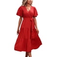 thumbnail image 1 of B91xZ Robe Midi à Manches Courtes Dresses Décontractée à Volants Col Rond Taille Élastique Smockée, RD1 TTG, 1 of 4