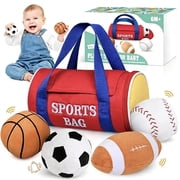 My First Sports Bag Baby Plush Toy Set with 4 Rattle Balls, Soft Sensory Balls for Infants 0‑12 Months, Baby Boy Shower & 1st Birthday Gifts