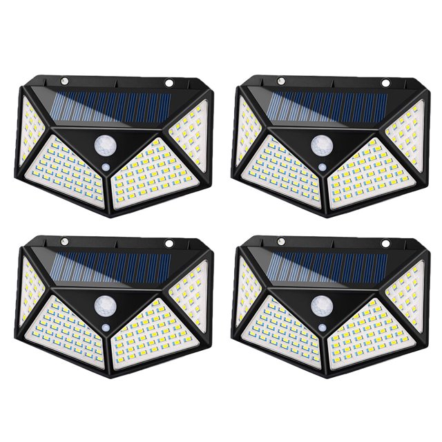 EeaseMX 4 luces solares para exteriores, 100 LED, superbrillantes, con sensor de movimiento, inalámbricas, impermeables, de seguridad, para puerta de entrada, patio, garaje, terraza y camino (negro)