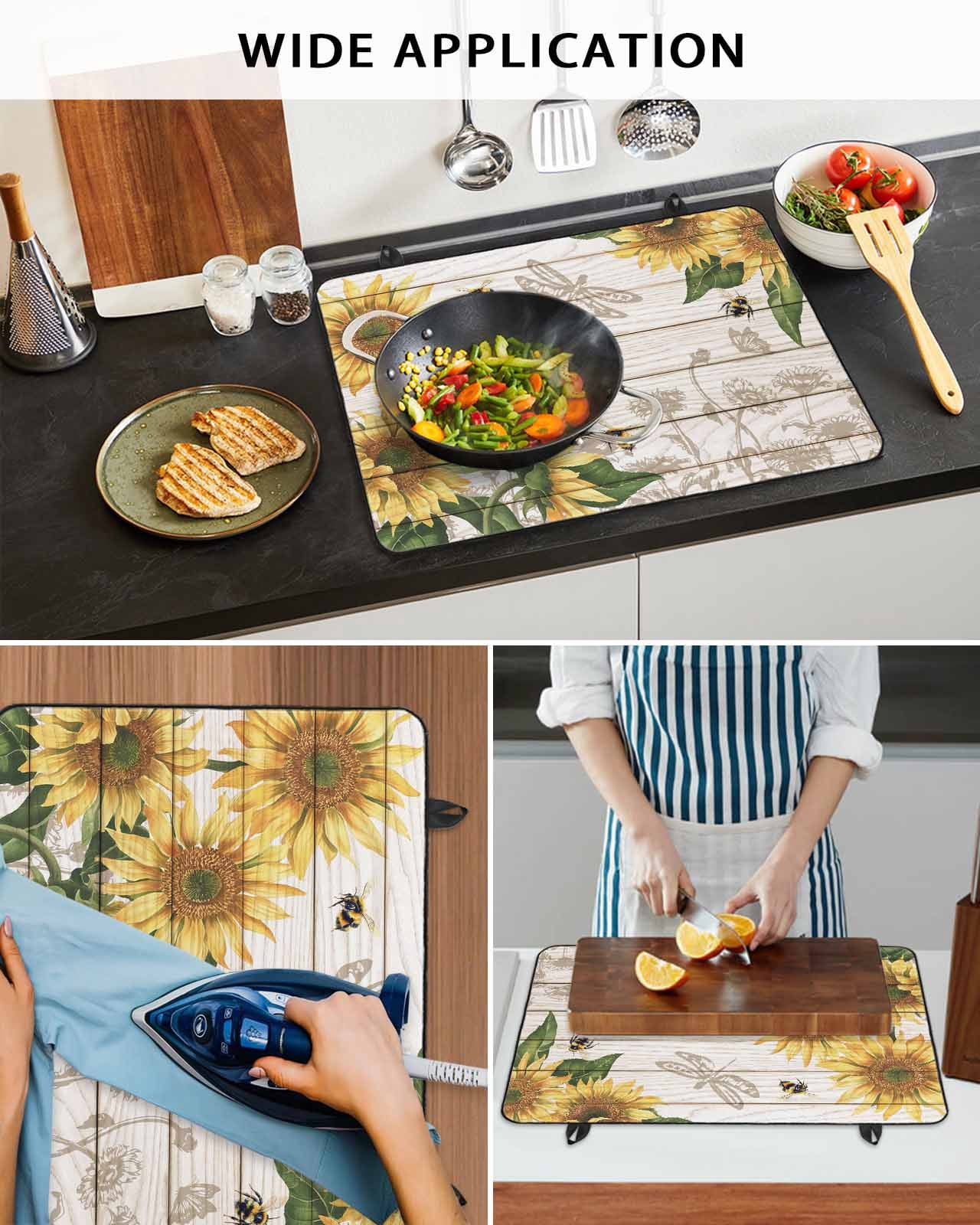 Large Induction Cooktop Protector Mat Sunflowers Stove Top Covers for Electric Stove, Farmhouse Botanical Flowers Bees Wooden Decorative Stove Burner Cover Mats, Glass Top Stove Cover