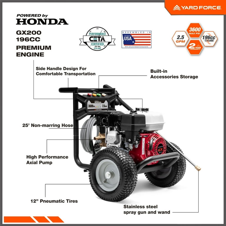 Yard Force 3600PSI 2.5GPM Gas Pressure Washer | Honda GX200 196cc