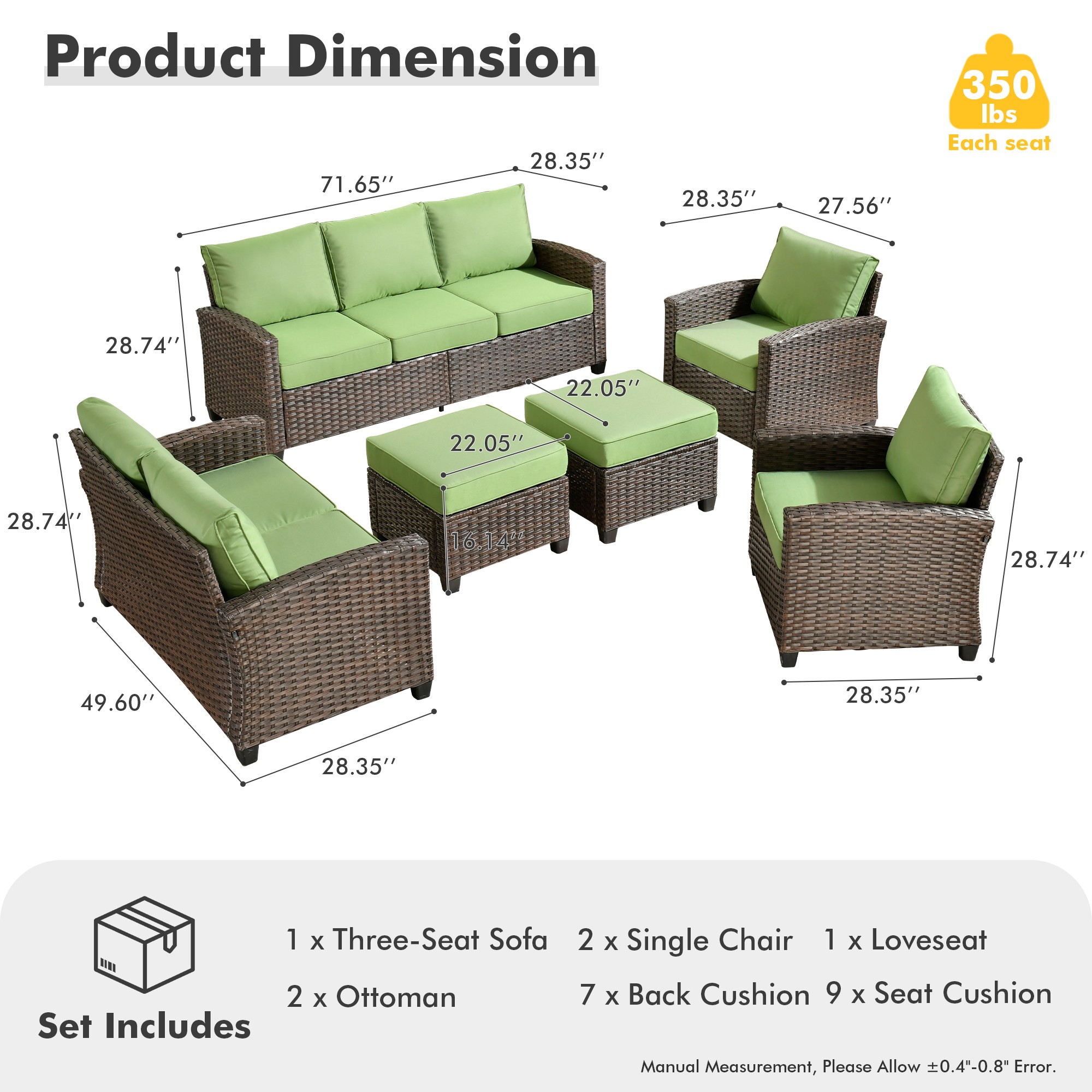 XIZZI 6 Pieces High Back Wicker Patio Furniture Set All Weather Outside Seating Sofa Rattan Outdoor Conversation Set with Cushion Ottoman for Balcony, Green