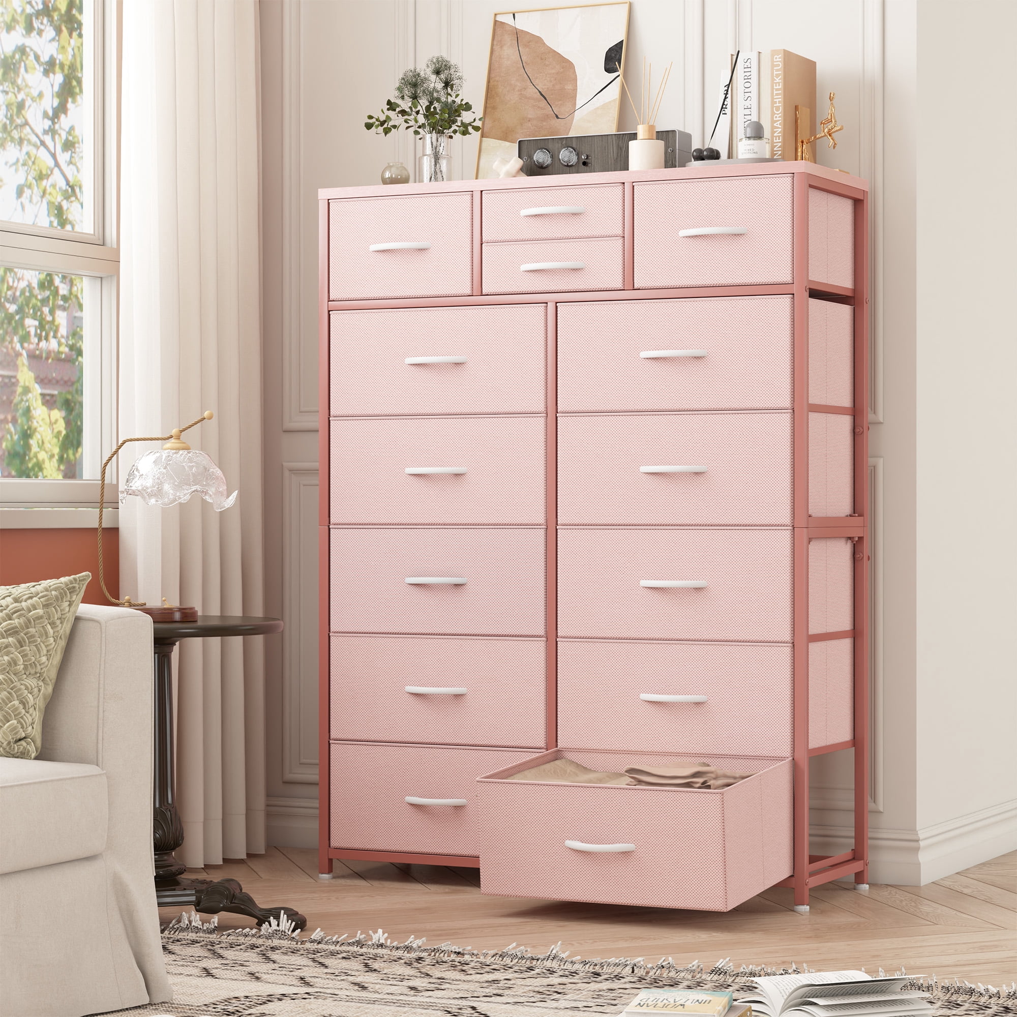EnHomee Dressers for Bedroom with 14 Fabric Drawers Tall Dresser & Chests of Drawers Storage Tower for Living Room, Pink