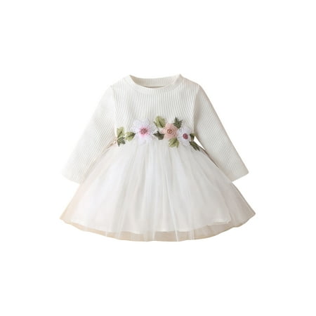 

Seyurigaoka Infant Baby Girls Princess Dress Knitted Ribbed Waist Flower Embroidery Skirts Round Neck Long Sleeve Layered Tulle Tutu Dress