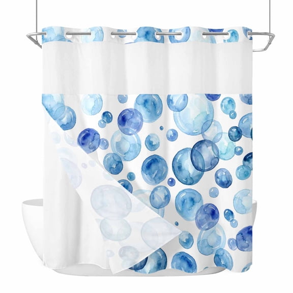 No Hook Blue Ocean Bubble Shower Curtain with Snap in Liner Set, Watercolor Sea Bubble Summer Waterproof Fabric Bathroom Curtains with See Through Top Window, Hotel Style Standard 72 x 72 Inch