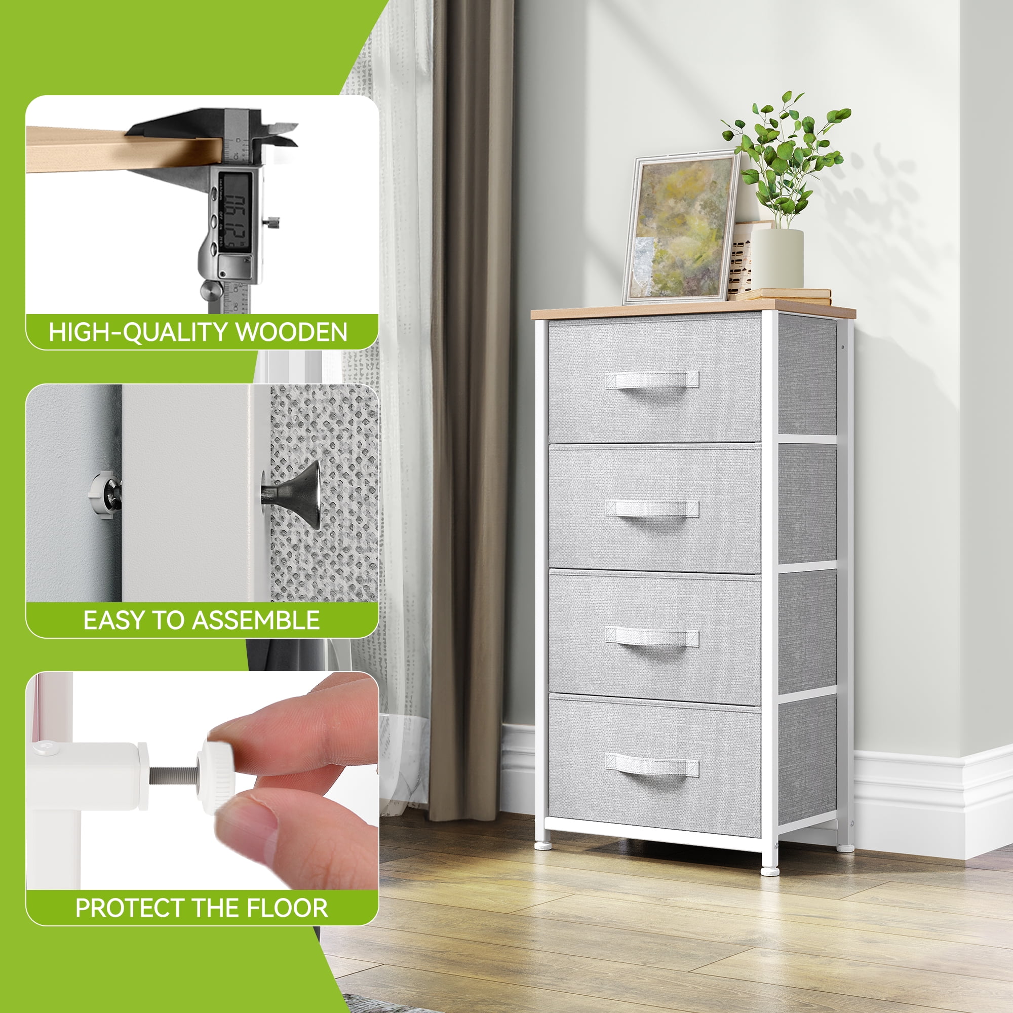 DEXTRUS 4-Drawer Fabric Dresser, Lightweight Chest for Adults & Kids, Storage Closet – Light Gray