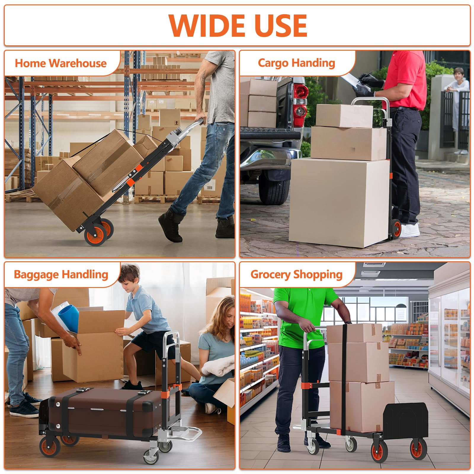 3-in-1 Heavy Duty Folding Dolly, Convertible Hand Truck Portable Steel with Telescopic Handle & Dolly Cart with Rubber Wheels, 580LB Capacity,Orange