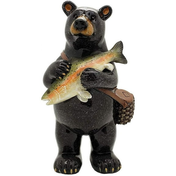 Western Rustic Fishing Black Bear Holding Largemouth Bass Fish Figurine Bears