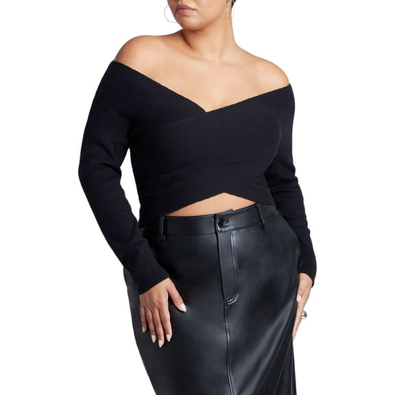 ELOQUII Women's Plus Size Wrap Front Cropped Sweater
