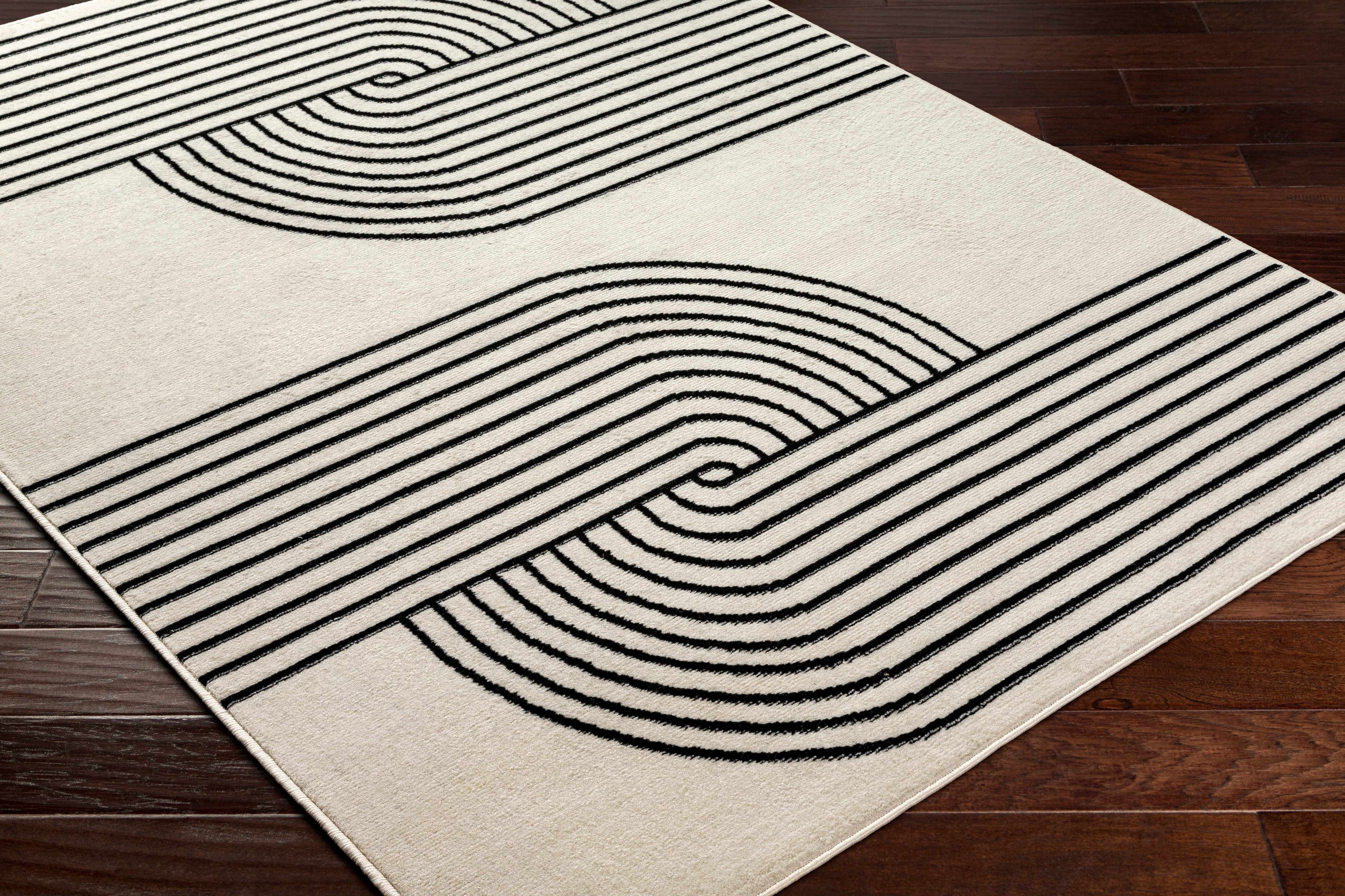 Hauteloom Buana Bohemian Living Room, Bedroom Runner Rug - Modern Moroccan Farmhouse - Geometric Striped - Beige, Cream, Black - 5' x 7' (5x7)