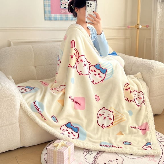 Kawaii Chiikawa Fleece Blanket Double-sided Warm Single Throw Soft Fluffy Cozy Cover Dorm Sofa Bed Winter Home Decoration Gift