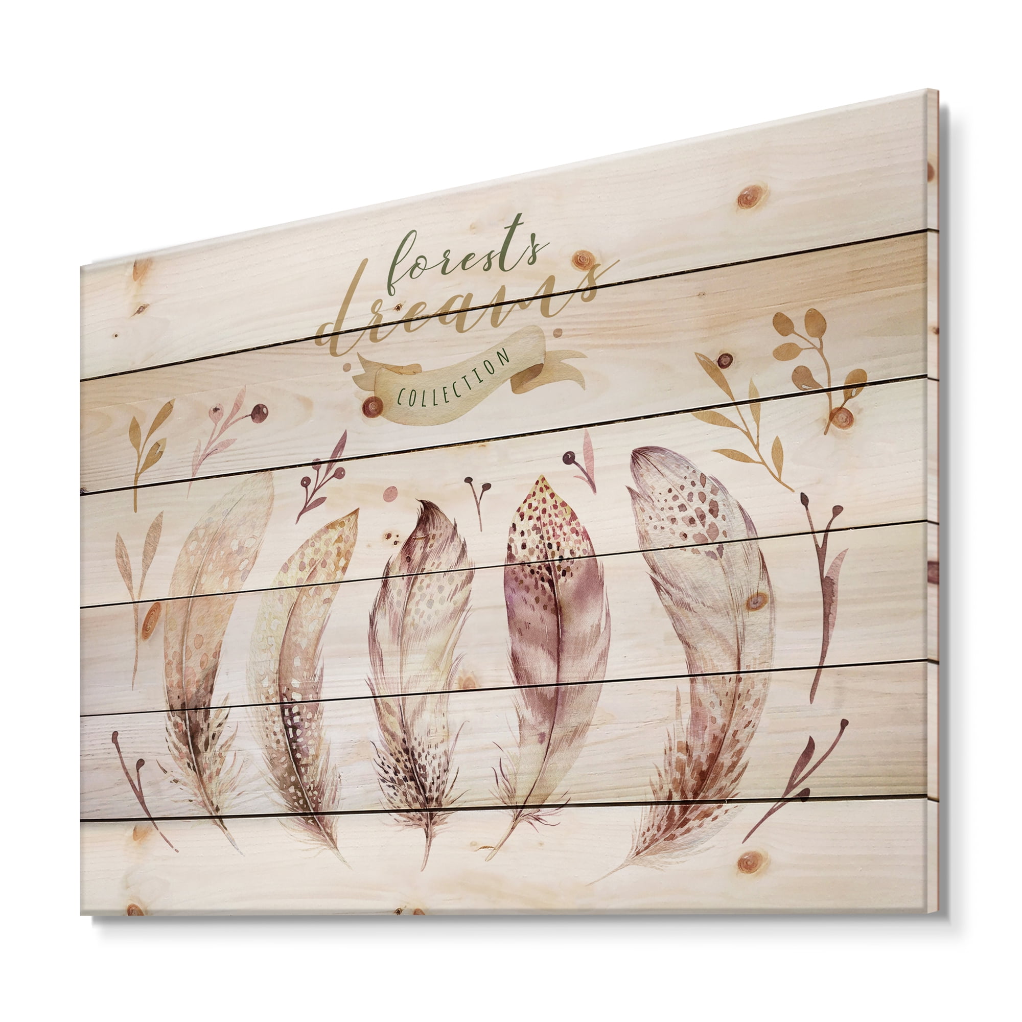 Designart 'Vital Feathers In Ethnic Boho Style' Bohemian & Eclectic Print on Natural Pine Wood