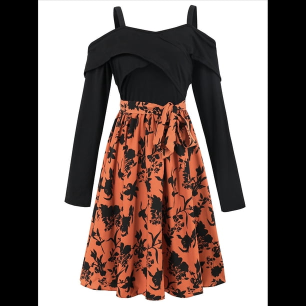 Vestido Floral de Corte A, Larga, Hombros Descubiertos y Corte Entallado para Mujer, y Otoño Marrón M