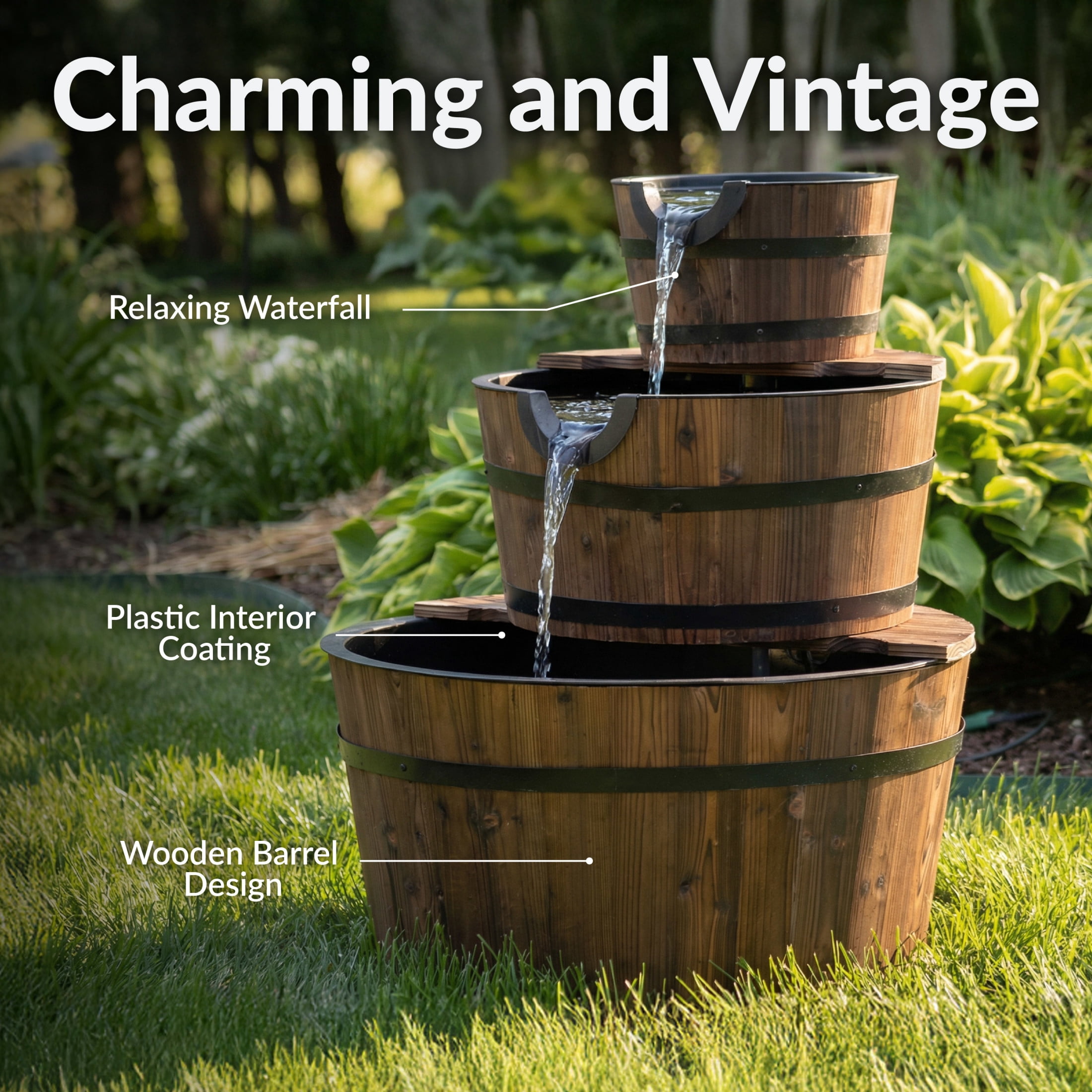 Sunnydaze Wood Barrel Brown 3-Tier Outdoor Water Fountain