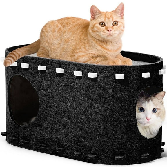 Cat Bed, POPO Extra Large Cat House with Scratch Pad and Fluffy Ball Hanging ,24"x16"x13", Khaki