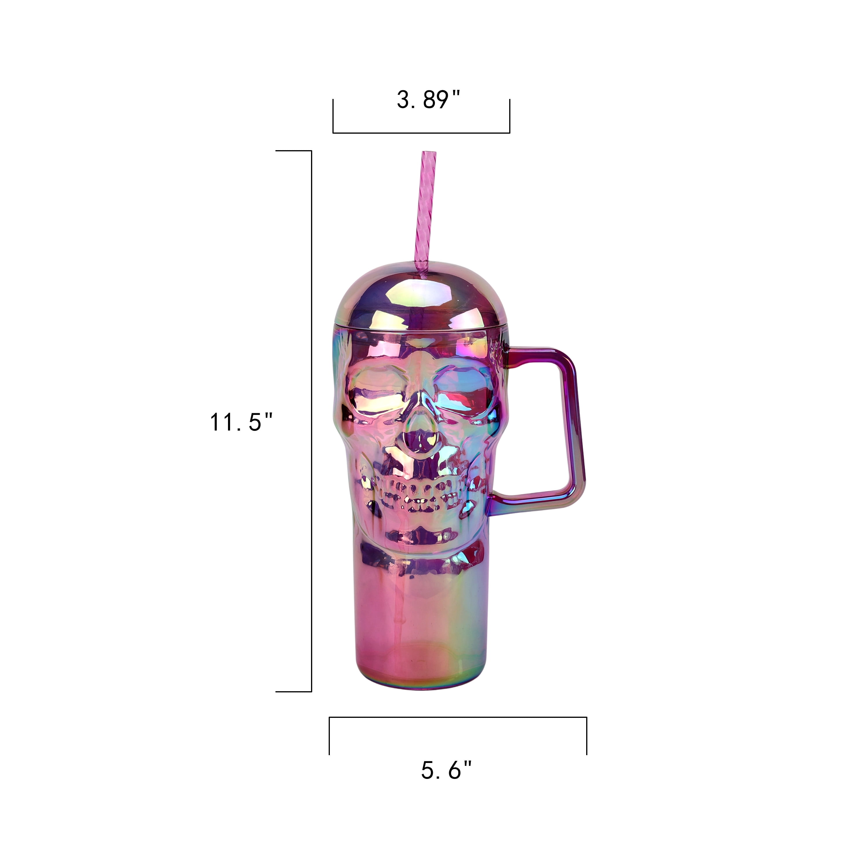 (2 pack) Way to Celebrate Halloween 30 oz Plastic Rainbow Iridescent Skull Tumbler with Straw, Purple Multicolor