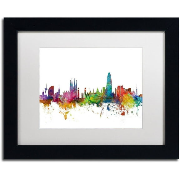 Trademark Fine Art 'Barcelona Spain Skyline' Canvas Art by Michael Tompsett, White Matte, Black Frame