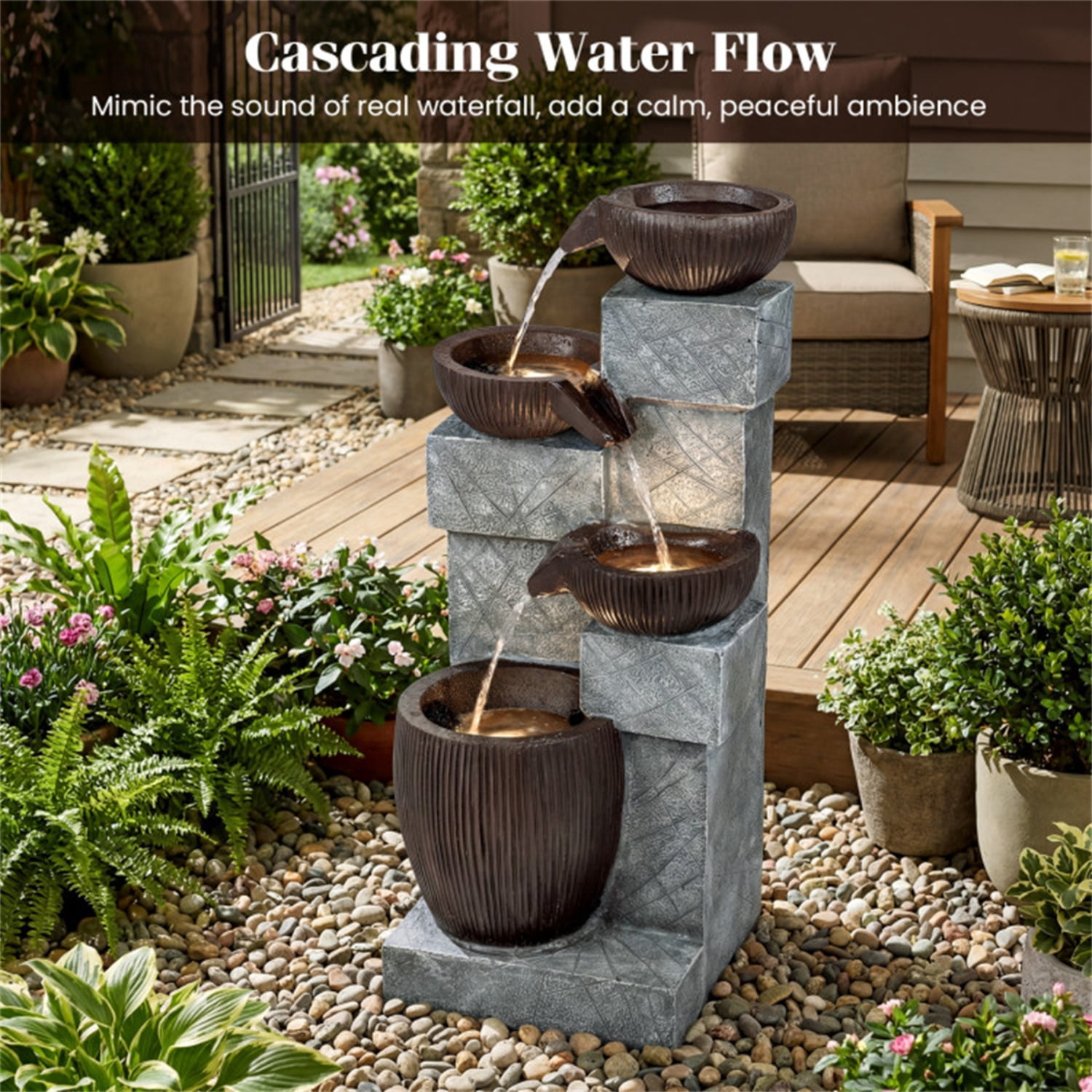 4-Tier Waterfall Fountain with LED Lights, Resin Fiberglass Outdoor Fountain with Adjustable Flow for Garden Patio