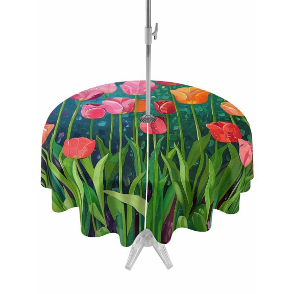 Outdoor Table Cloth with Umbrella Hole and Zipper, Colorful Spring Floral Waterproof Round Tablecloth 54 Inch, Summer Botanical Oil Painting Washable Table Cover for Outside Party Patio Picnic