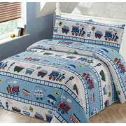 Luxury Home Collection 2 Piece Twin Size Quilt Coverlet Bedspread Bedding Set for Kids Teens Boys Girls Trains Light Blue White Green Red Yellow