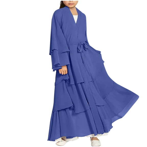 Toddler Girls Clothes 5T Muslim Dresses for Girls Girl's Muslim Ramadan Festival Solid Color Long Sleeve V-Neck Dress Floating Three Layer Chiffon Girl's Clothing Elegant Dress,4-15 Years