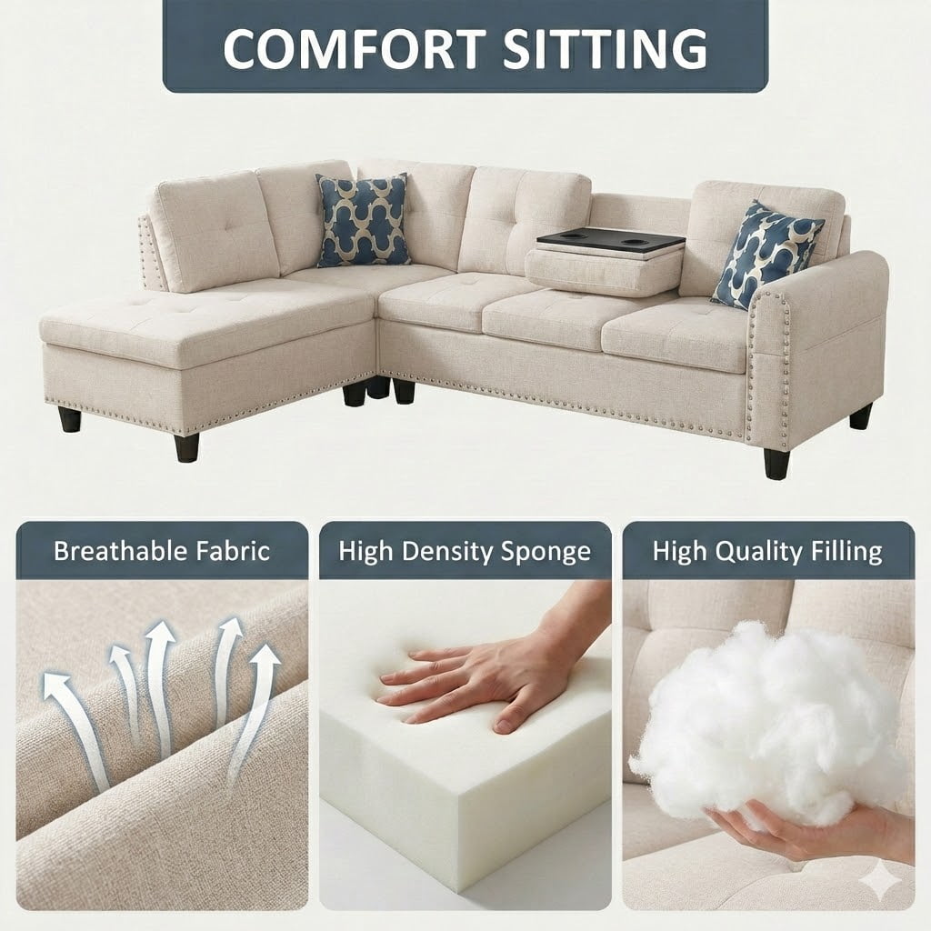 AENKYO 98" L-Shaped Upholstered Sectional Sofa Couch with Storage & Cup Holders, Faux Leather Living Room Sofa Set, Beige