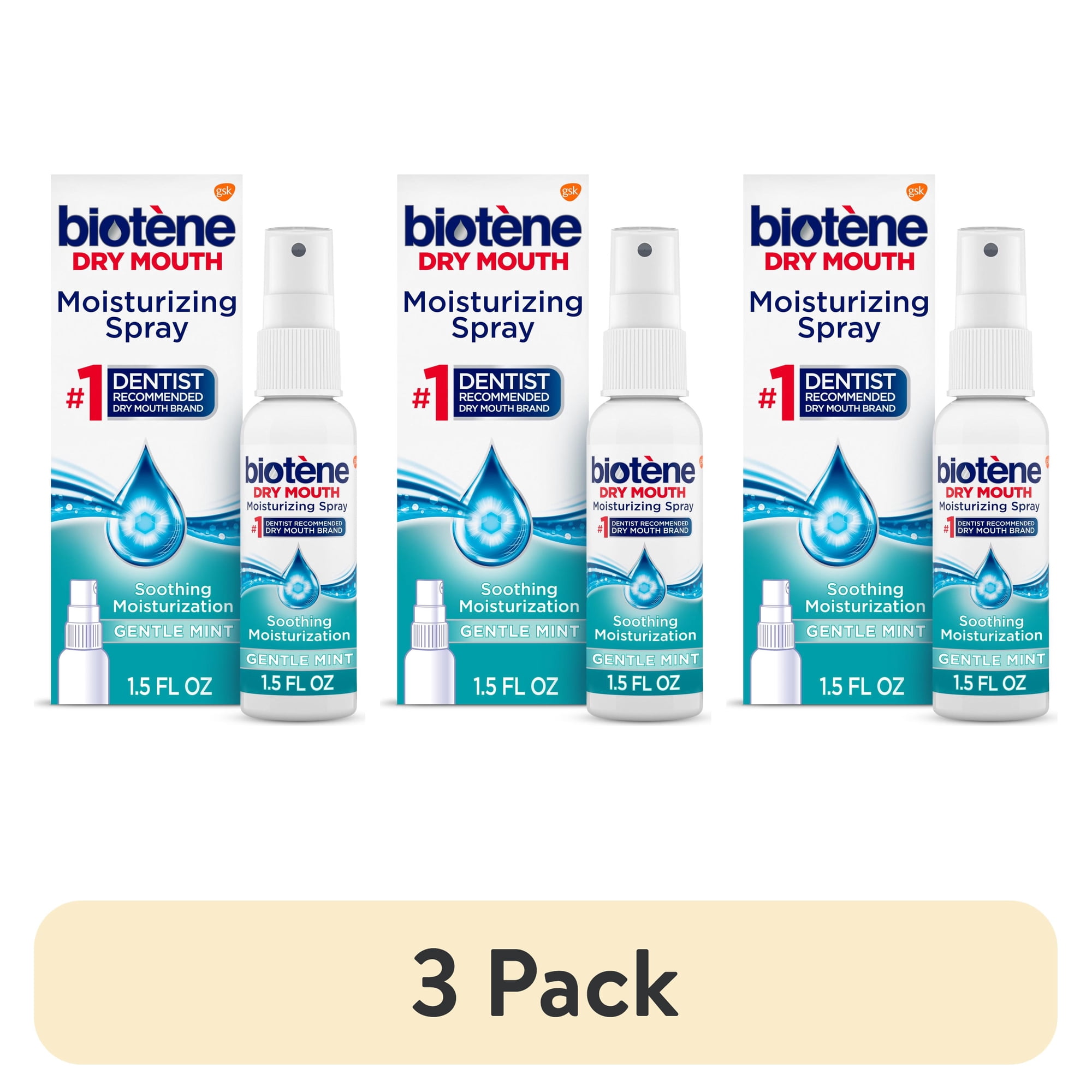 (3 pack) Biotene Dry Mouth and Fresh Breath Moisturizing Spray, Gentle Mint, 1.5 Oz, for Children and Adults