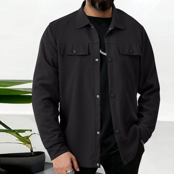 YueHuiYing Men's Fashionable Solid Color Long Sleeved Lapel Casual Button Up Breathable Lightweight Jacket