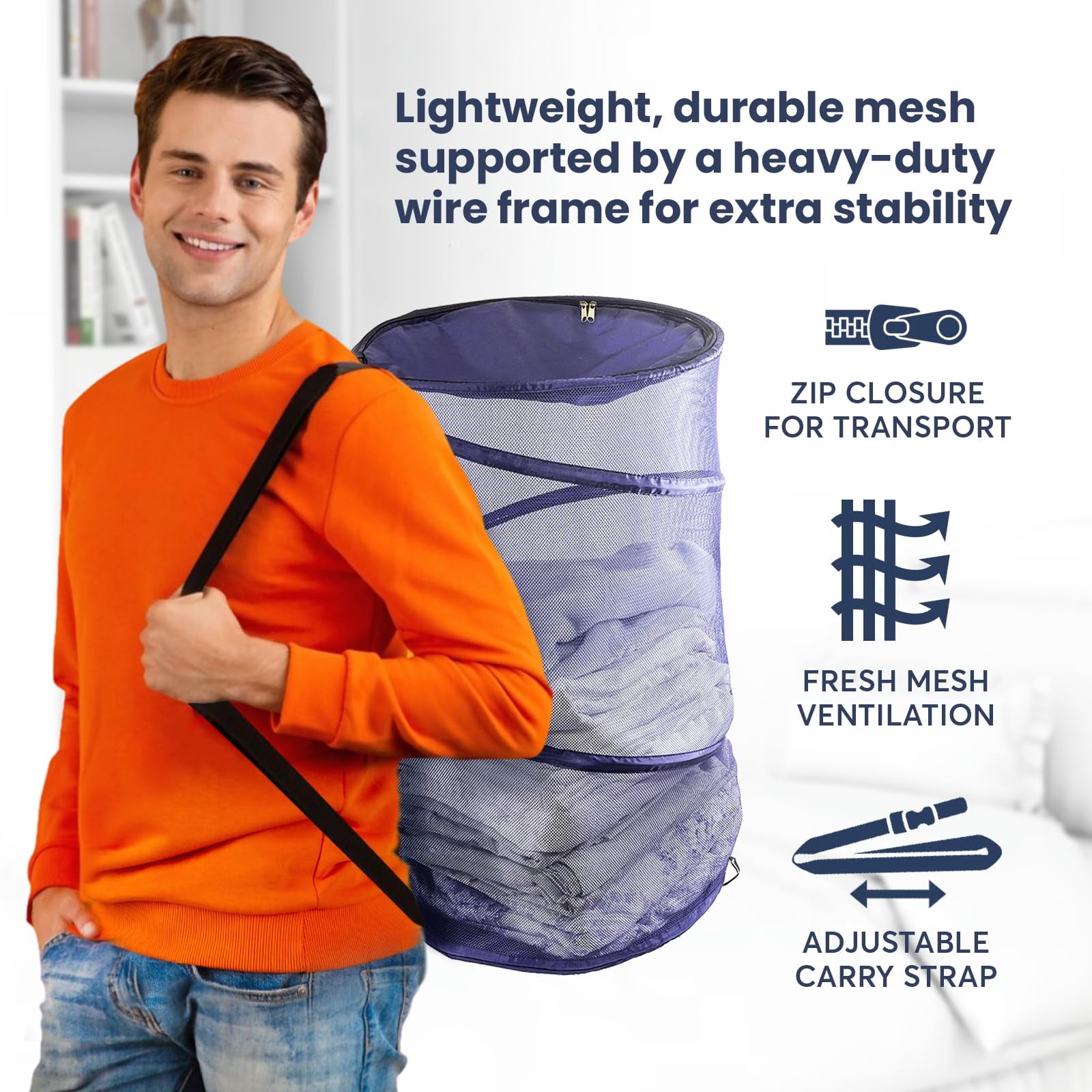 Maypes Collapsible Wire Mesh Laundry Hamper – Portable, Durable Pop-Up Laundry Basket & Storage Bag + Straps, Zippered Top Cover – Tall, Multi-Purpose Organizer for Closet, Toy, Garage, Sporting