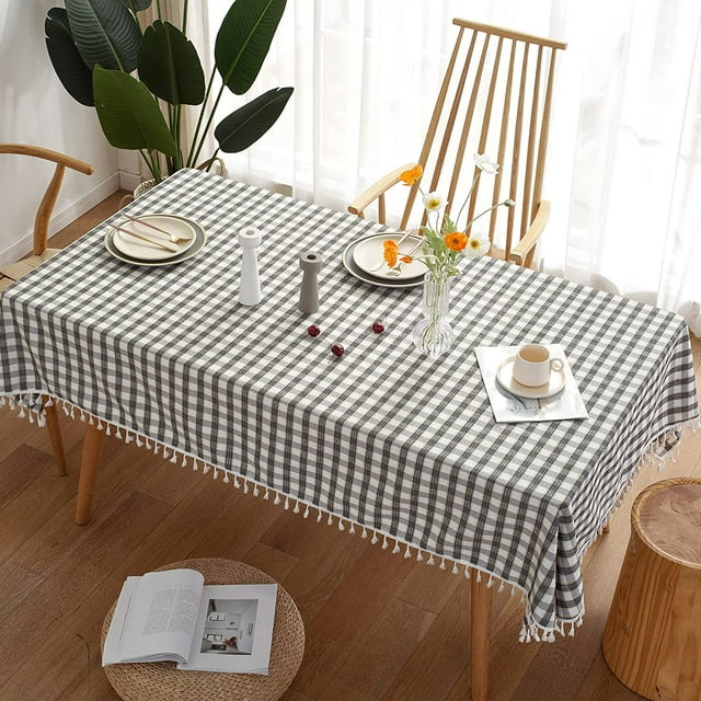 HHHC Tablecloth for Dining Table Rustic Table Cover, Farmhouse Kitchen Table Cloth, Cotton Linen Fabric Small Rectangle Table Cloths for 4 to 6 Seats, Black, White Rectangle, 55x70 Inch
