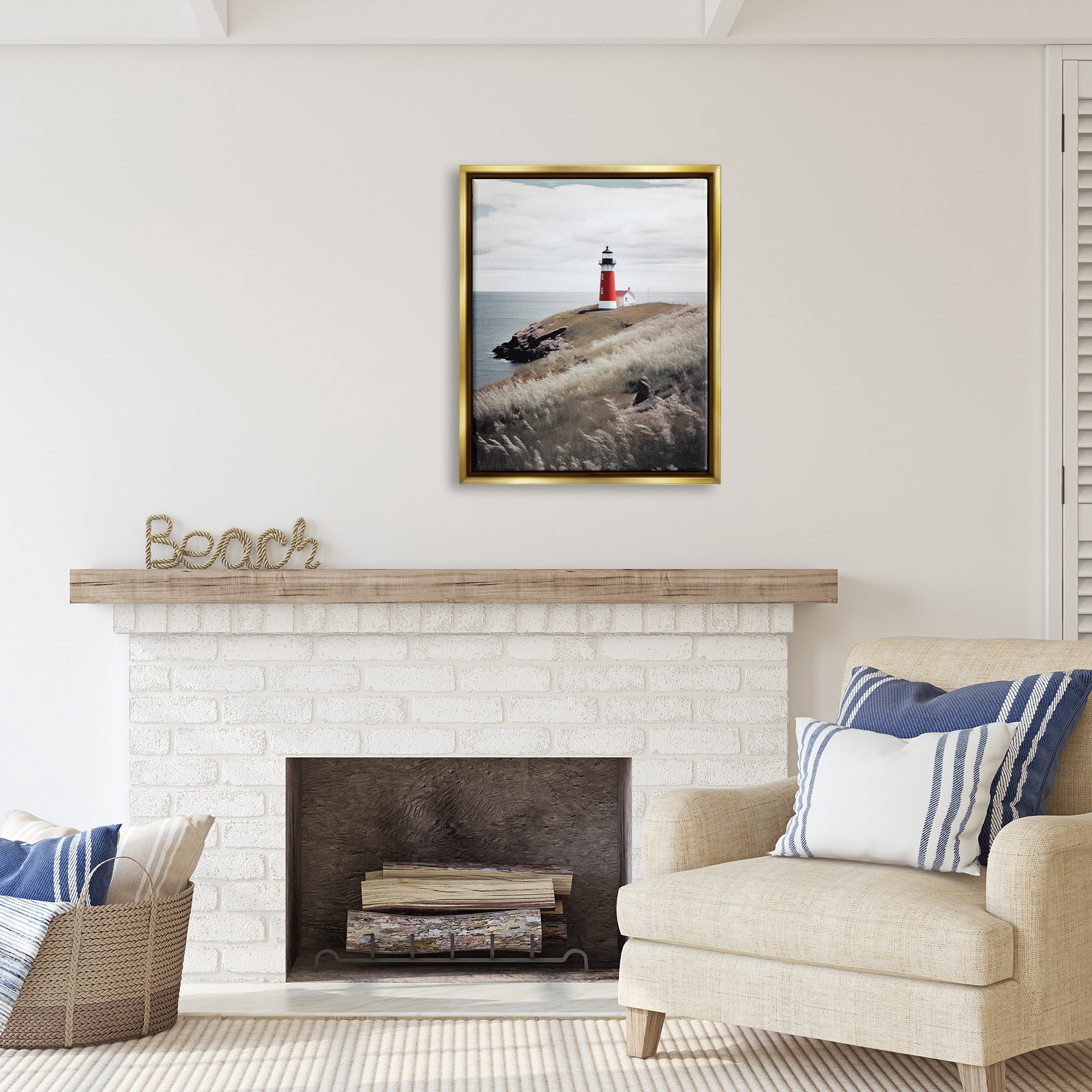 Stupell Industries Red Lighthouse Landscape Landscape Photography Gold Floater Framed Canvas Art Print Wall Art, 25 x 31