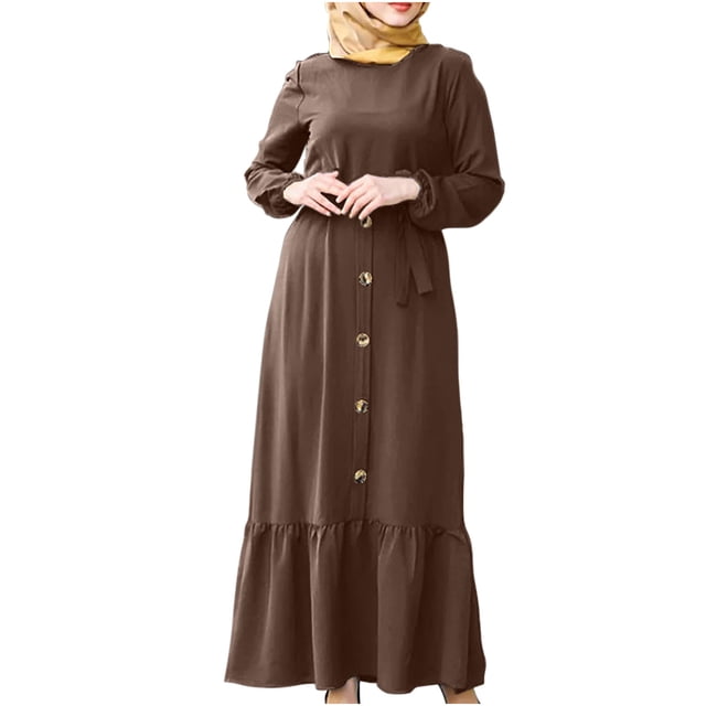 Robe à Manches Longues pour Femmes Ample Décontractée à Boutons Évasée Plissée à Volants Longue Maxi Élégante Confortable