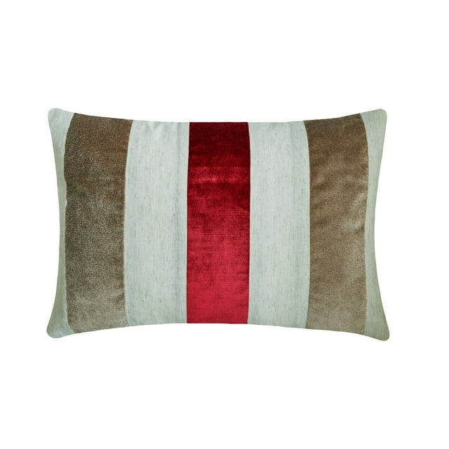 The HomeCentric Decorative Red 12"x20" (30x50 cm) Lumbar Pillow Cover, Linen & Velvet Color Blocking & Patchwork Oblong Pillow, Striped Pattern Modern Style - Swathe Cranberry