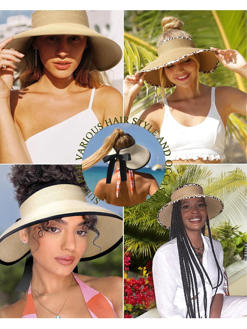 Sun Visors for Women Wide Brim Beach Hat Foldable Straw Visor Hat Ponytail Sun Visors Hat for Women Wide Brim Foldable Summer Ponytail  main image 3