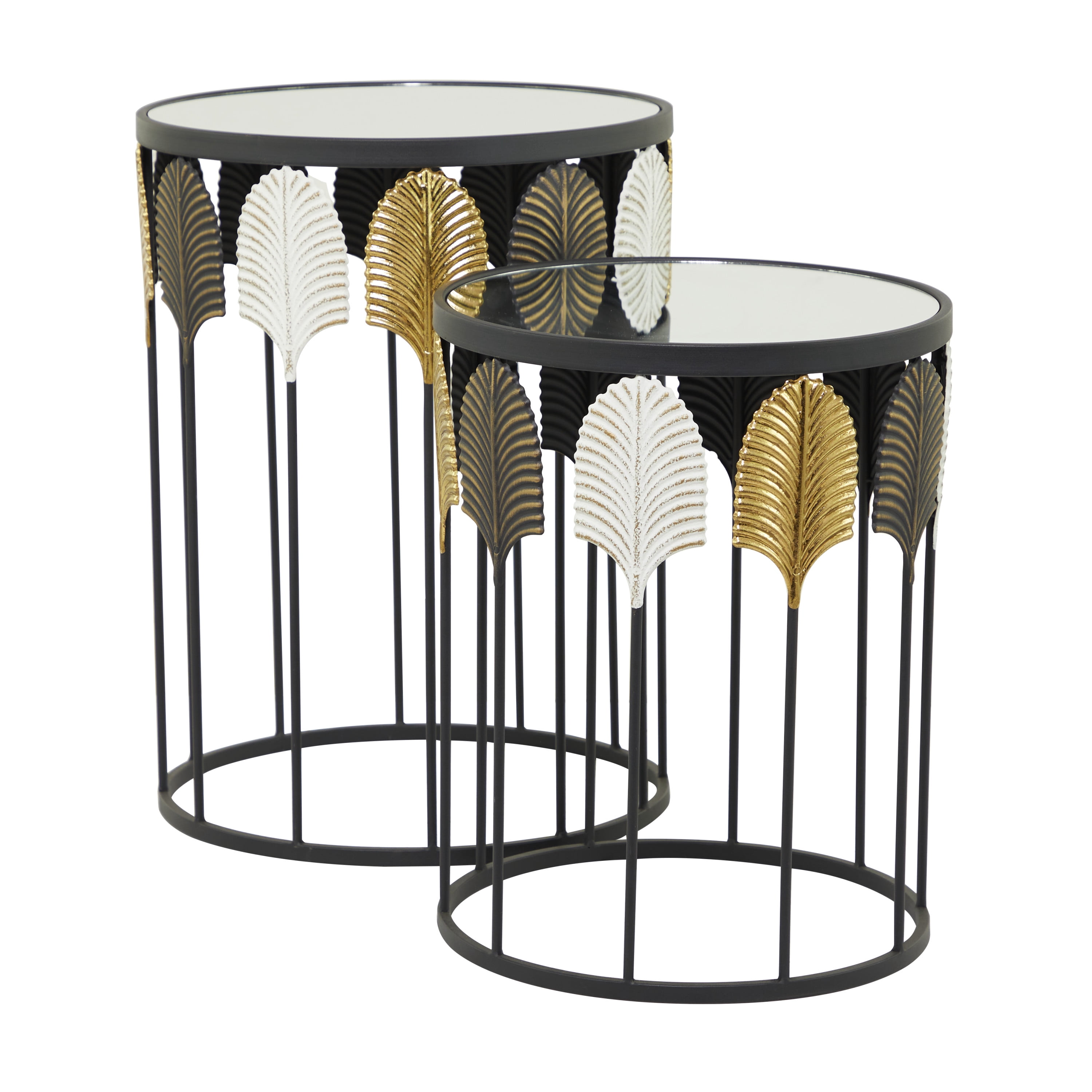 DecMode 18" x 24" Black Metal Leaf Accent Table with Mirrored Glass Top, 2-Pieces