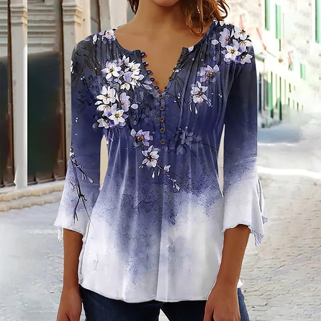 DPTALR T-shirt Blouse Décontractée d'Été pour Femmes à Col en V et Manches 3/4 Imprimé