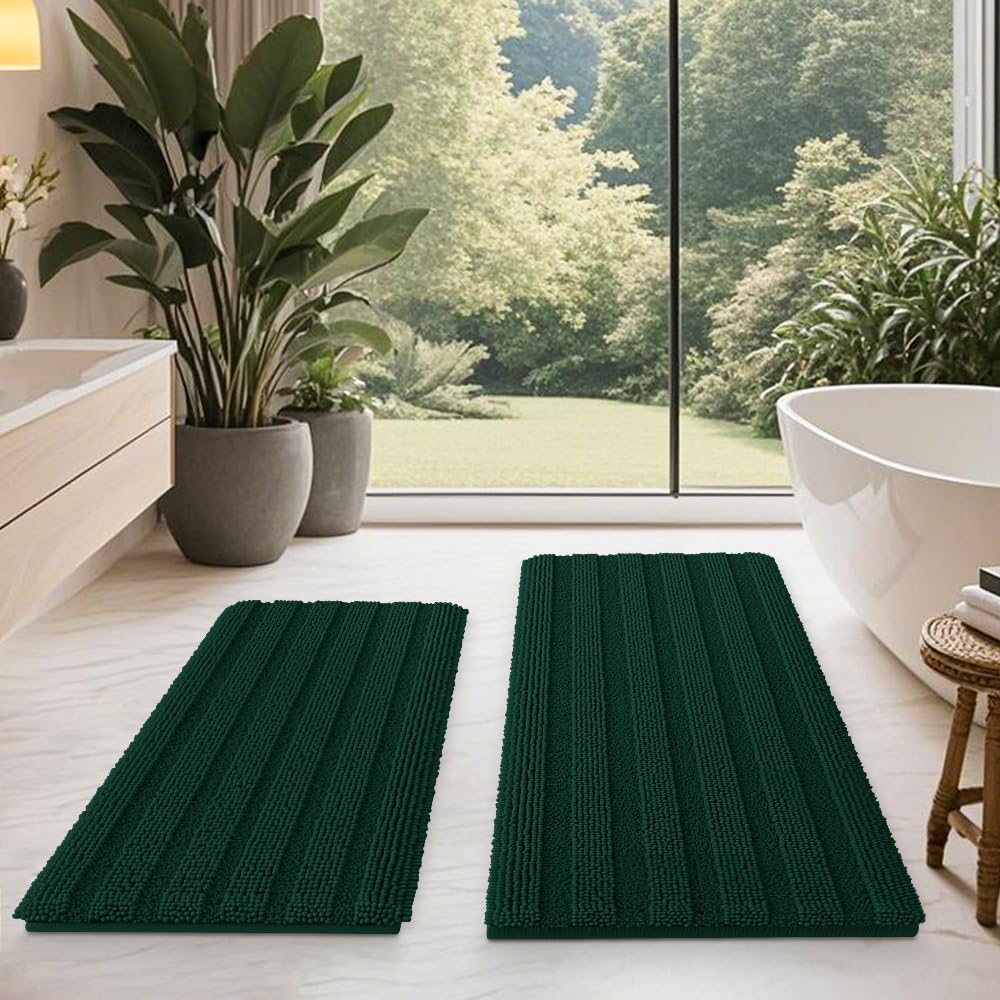 HAKUNA Striped Chenille Bath Rug Set, Deep Green, 2-Piece photo 1