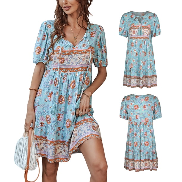 SAYOO Vestido de cintura alta con cuello en V y estampado de flores para mujer SAYOO Moda