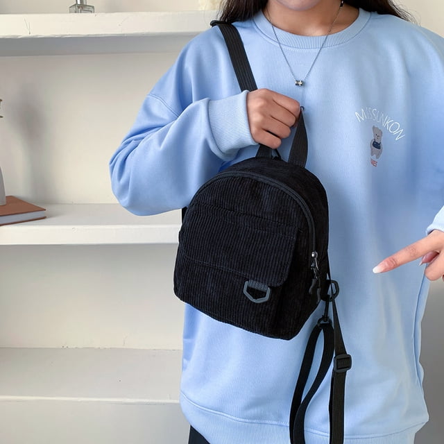 Mochila de pana de color sólido para mujer Mochila pequeña con cremallera para niña (Negro) Tmvgtek Para estrenar