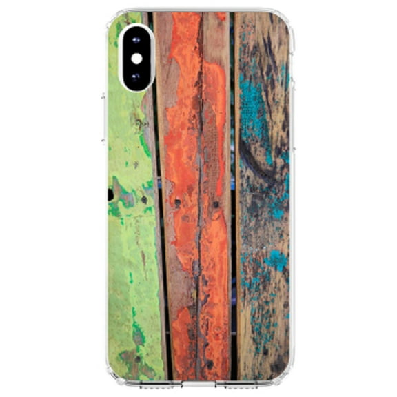 DistinctInk Clear Shockproof Hybrid Case for iPhone XS Max (6.5" Screen) - TPU Bumper, Acrylic Back, Tempered Glass Screen Protector - Rough Painted Wood Print - Printed Wood Grain Image